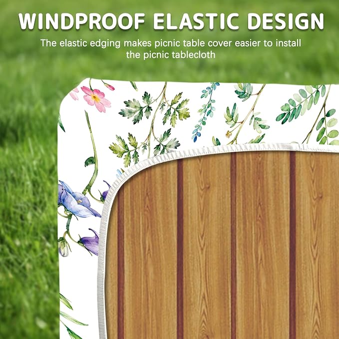 Picnic Table Cover with Bench Covers Elastic Edges, 3 Pcs Flower Fitted Table Cover with Drawstring Bag, Waterproof Windproof Aesthetic Camping Tablecloth, Outdoor Camping Essentials 72 Inch