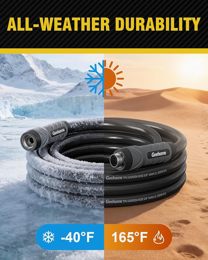 Heavy Duty Garden Hose, 100 ft x 5/8" Long Polyurethane Water Hose with Swivel Fittings, Flexible, Lightweight, No-Kink, Leakproof, Burst 600 PSI, Black