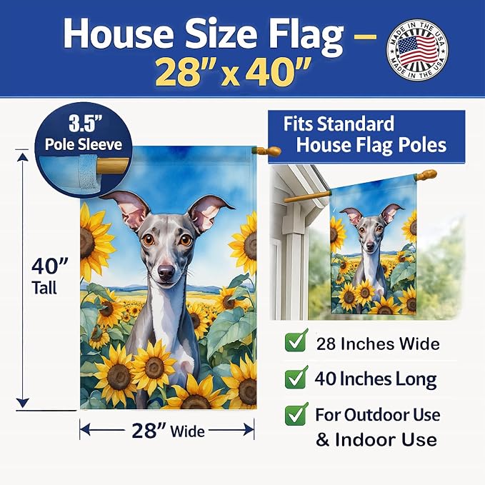 Caroline's Treasures DAC6101CHF Italian Greyhound in Sunflowers House Flag Large Porch Sleeve Pole Decorative Outside Yard Banner Artwork Wall Hanging, Polyester, House Size, Multicolor