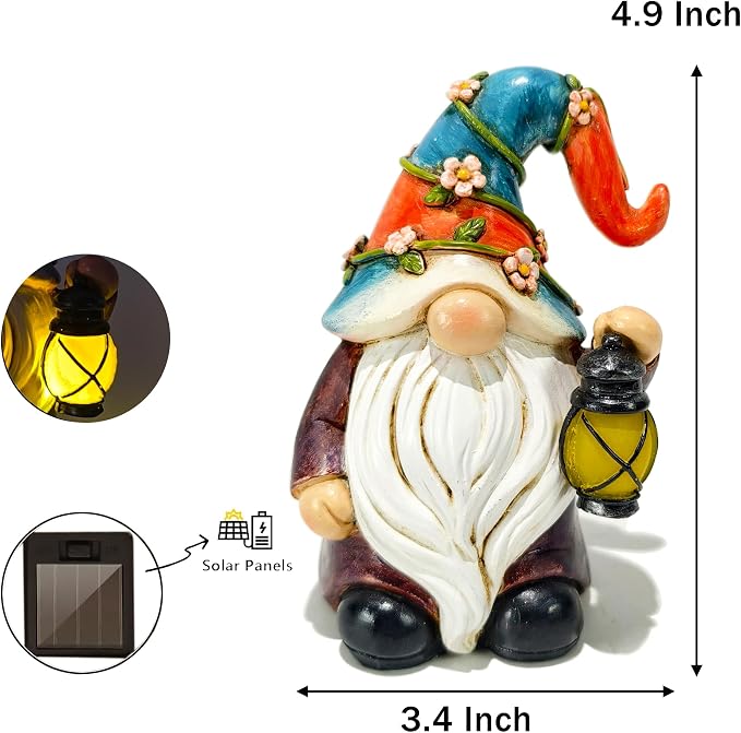 Suyorpe Garden Gnomes Statues with Solar LED Light - Mini 4.9 inch Gnome Sculptures for Porch Balcony Patio Yard Lawn Balcony Home Decor Mother's Day Birthday Gifts for Women