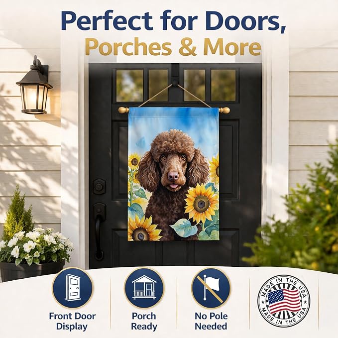 Caroline's Treasures DAC6140CHF Chocolate Poodle in Sunflowers House Flag Large Porch Sleeve Pole Decorative Outside Yard Banner Artwork Wall Hanging, Polyester, House Size, Multicolor
