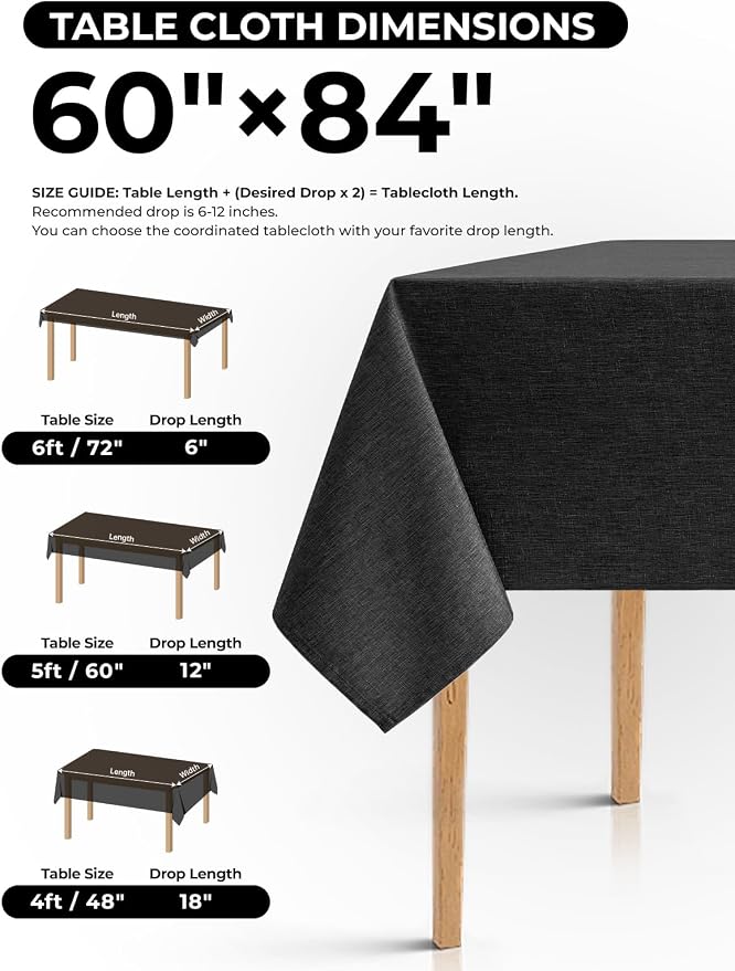 Decorelia Black Linen Texture Tablecloths for Rectangle 4 Ft Table-2 Pack, Washable Polyester Rustic Reusable Rectangular Table Cloth Cover for Wedding,Outdoor,Events,Party,Banquet, Dining, 60x84 Inch