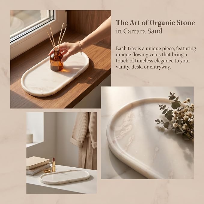 Luxury 100% Natural Oval Marble Tray for Bathroom, Dresser, Home Decor | 11.8" x 5.9" Marble Vanity Organizer for Perfume Jewelry Makeup, Kitchen, Hand-Polished Cream White Decorative Tray