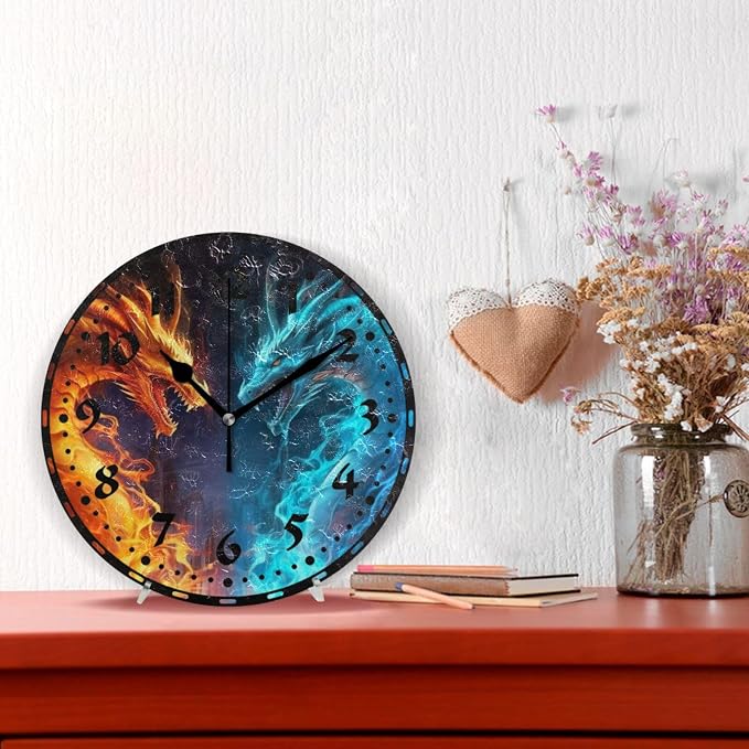 Fire and Ice Dragon Wall Clock, Silent Non Ticking 10 Inch Battery Operated Wall Clocks, Easy to Read Clock for Home Kitchen Living Room Bathroom Office Decor