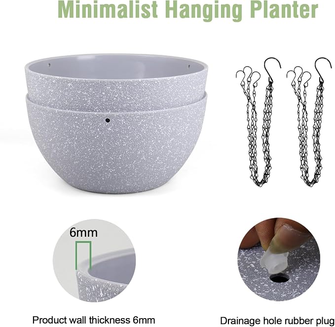 Meowell 10 inch Hanging Planters for Indoor Outdoor Plants, 2 Pack Hanging Flower Pots with Drainage Holes and Chain for Garden Porch, Plastic Hanging Baskets for House Plants, Speckled Grey