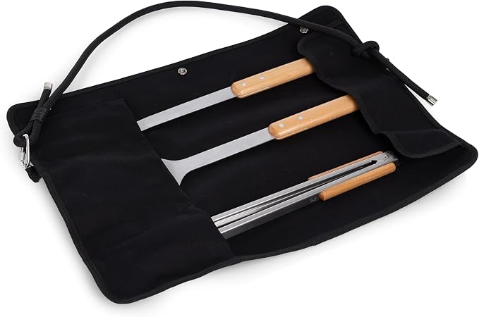PICNIC TIME BBQ Roll Up 3 Piece Set, Outdoor BBQ Accessories with Black Canvas and Beechwood Tools, Grilling Accessories for Barbecue, BBQ Tools & Grill Set with Durable Canvas Tote and Strap, (Black)
