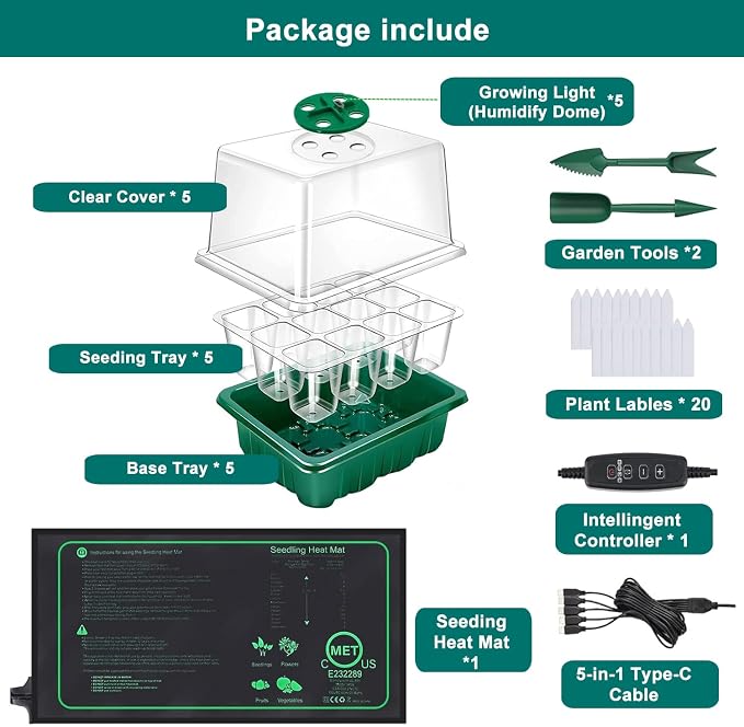 FINEST+ Seed Starter Tray with Heat Mat and Grow Light,5 Pack Seedling Starter Trays with Time Controller,Seedling Starter Tray with Adjustable Brightness,Seed Starting Kit with Adjustable Humidity
