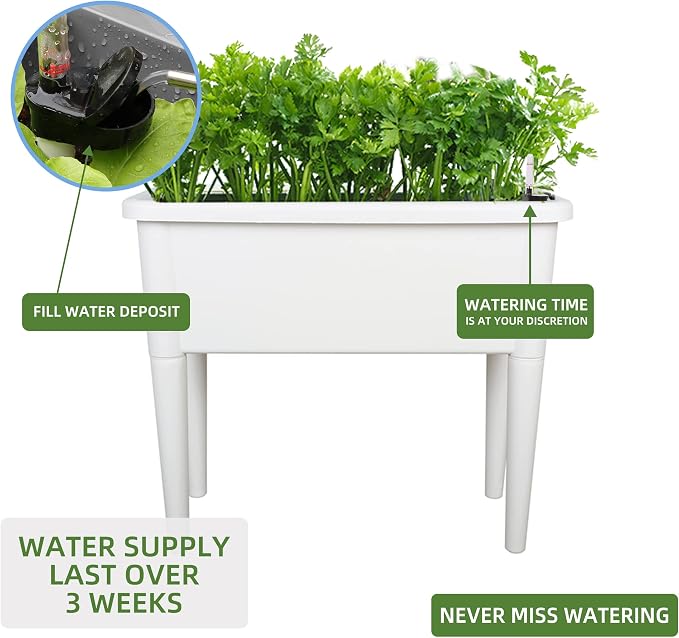 Dexceder 13.2 Gallon Self Watering Raised Garden Bed (White) | Ventilation Transparent Lid Greenhouse, Deepen Vegetable Flower Box Planter Pot with Removeble Legs & Water Level Indicator