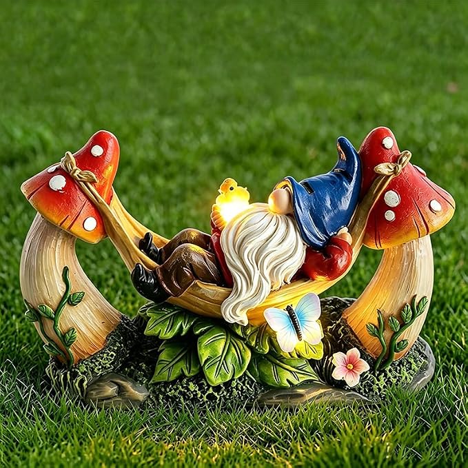 Solar Gnome Garden Statue with Mushroom and Butterfly Lights Outdoors, Waterproof Garden Decor for Yard Lawn Balcony, Cute Gnome Figurine for Outdoor Patio Decor, Ideal Gift for Garden Lovers