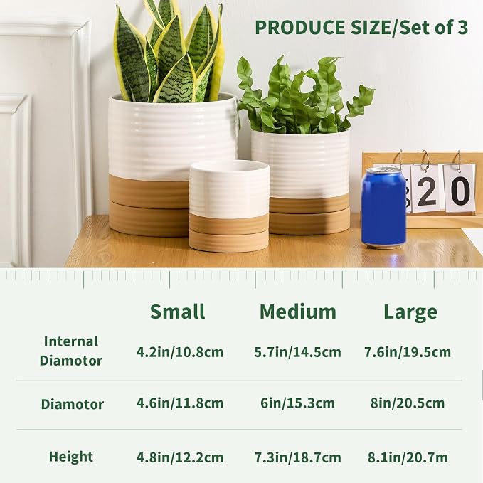 HASENSE Planters for Indoor Plants, 8+6+4.6 Inch Ceramic Plant Pots Indoors with Drainage Hole and Tray, Dual Contrast Glaze Flower Planters for Herb Snake Succulent, Set of 3, White