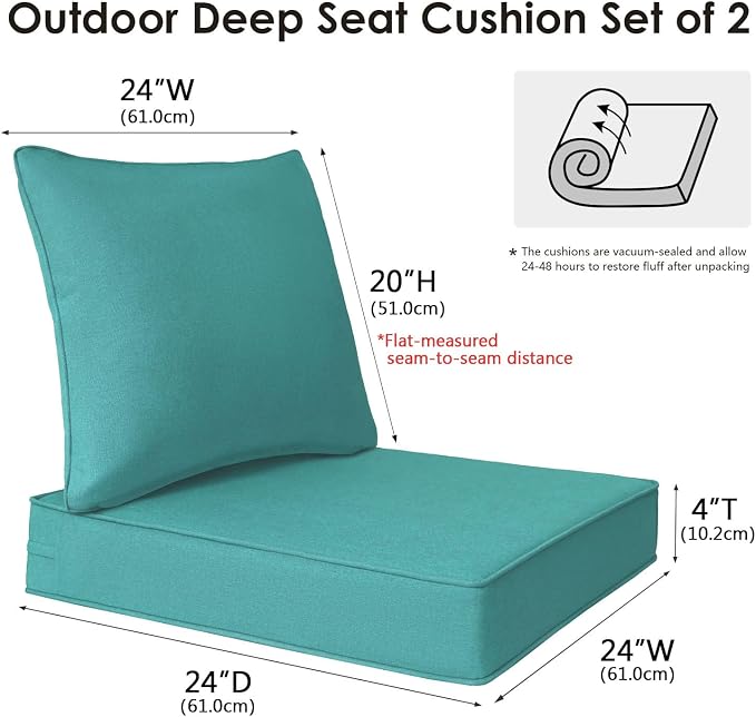 Unimatta Outdoor Patio Chair Cushions Set, 24" x 24", Set of 2, Water-Repellent, Fade Resistant, Deep Seat Bottom and Back Cushion for Backyard, Couch, Sofa and Patio Furniture, Turquoise
