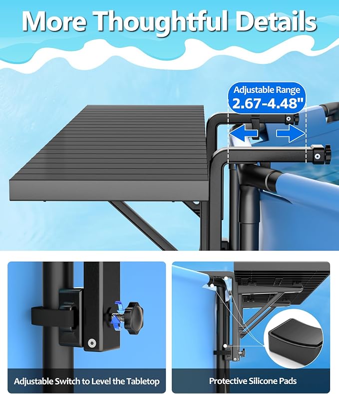 BoYata Pool Bar for Above Ground Pools, 49.4×9.6" Large Galvanized Table | Holds Up To 110 Lb, Fits Top Rails Up To 4.48", Super Stable Above Ground Pool Accessories, For Round & Oval Frame Pools