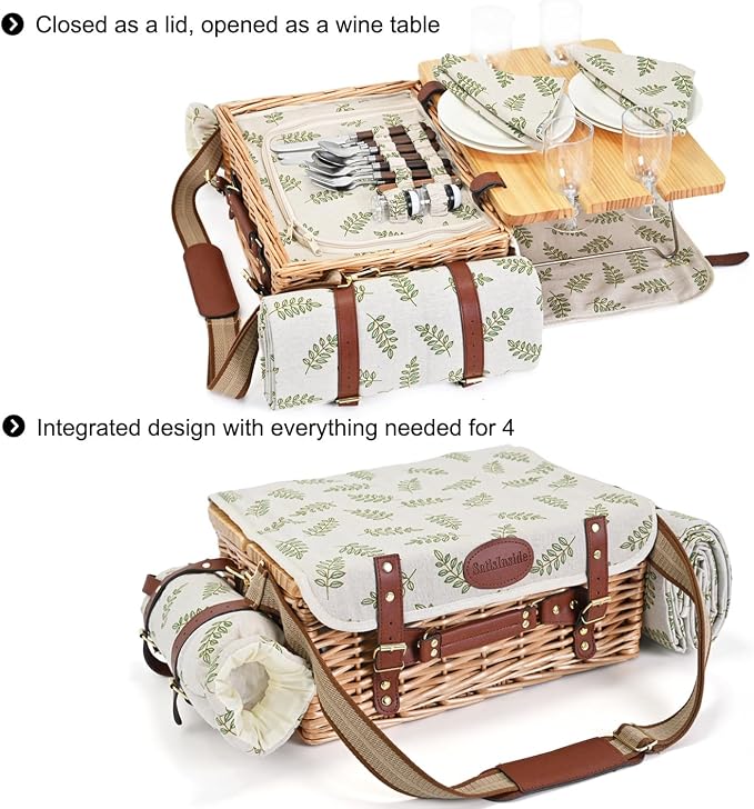Multifunctional Wicker Picnic Basket Set for 4 with Blanket and Picnic Table, Insulated Picnic Set with Full Tablewares for Camping Outdoor Couples,Leaf