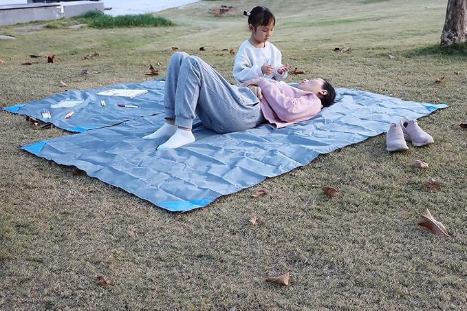 Orga'Neat Pocket Picnic Blanket, Beach Mat Waterproof Sandproof, Compact Lightweight Small Tarp for Camping, Hiking, Backpacking, Festival, Travel, Foldable in Bags (Grey/Blue, 55"x79")