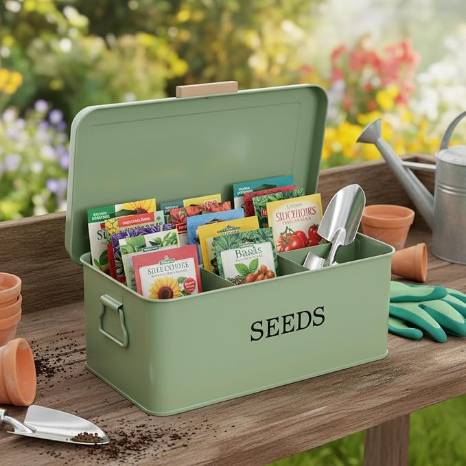 Seed Storage Organizer,Metal Seed Saving Box with Lid,4 Compartments Box with Safety Locks,Garden Supplies Container with 20 Plant Labels 50 Saving Envelopes 2 Marker Pens,Green