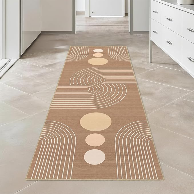 Boho Runner Rug 2x6 Modern Geometric Abstract Rug for Hallway Kitchen Bedroom Brown Mid Century Modern Runner Machine Washable Non-Slip Printed Low-Pile Long Floor Carpet for Bathroom Laundry Brown
