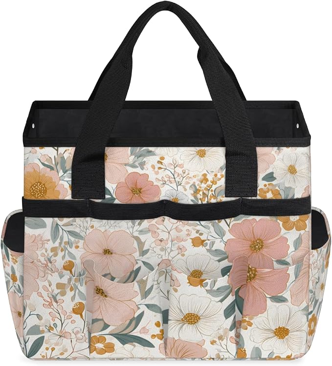 Garden Tote Bag with 10 Pockets Vintage Flowers Heavy Duty Gardening Bags for Tools Organizer Storage Bag with Handle for Garden Lawn Yard Casual