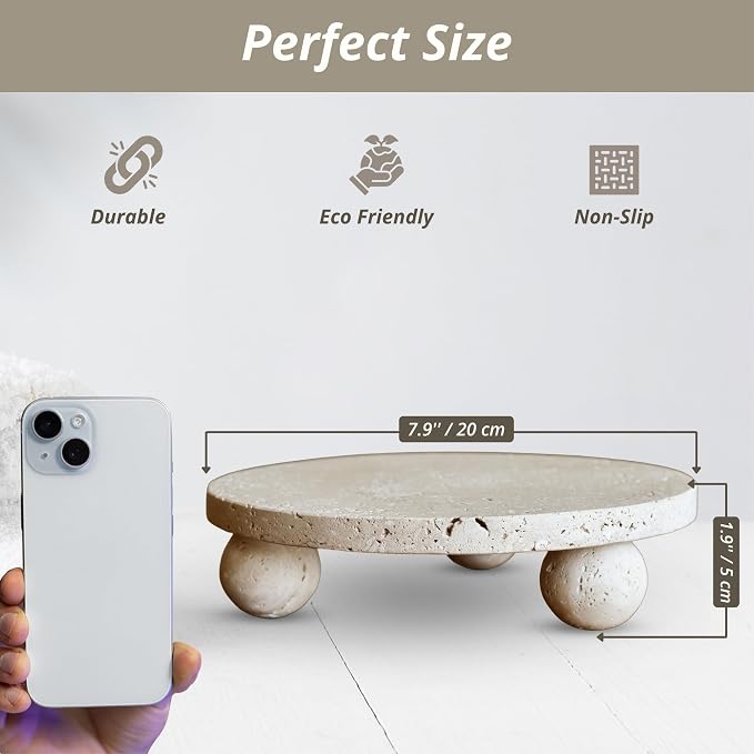 100% Natural Travertine Footed Tray – Round Stone Display Pedestal Stand Riser with 3 Ball Legs, Neutral Decorative Catchall for Vanity, Kitchen, Bathroom, Living Room, Soap, Perfume, Candle, 7.9''