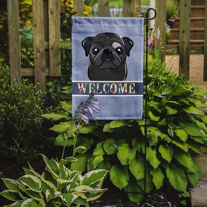 Caroline's Treasures BB1449GF Black Pug Welcome Garden Flag, Blue Mailbox Flag Decorative Yard Flag Banner Outside Patio Artwork Yard Flower Beds, Garden Size, Multicolor