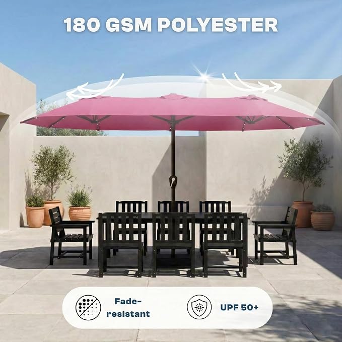 15FT Large Patio Umbrella with Base Included, Double Sided Outdoor Market Umbrella with Flexible Fiberglass Ribs, UV-Blocking Extra Large Umbrella for Garden, Pool, Deck, Rose Pink