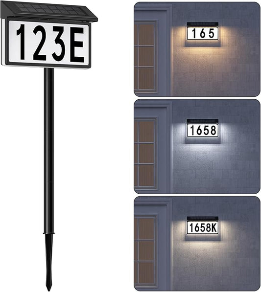 Solar Address Sign, Solar Lighted House Numbers for Outside, 3 Colors Waterproof Illuminated House Number Plaque With Stake, Wall Mounted or In Ground Solar Address Numbers for Yard Garden Street Home (Black, 1 Pack)