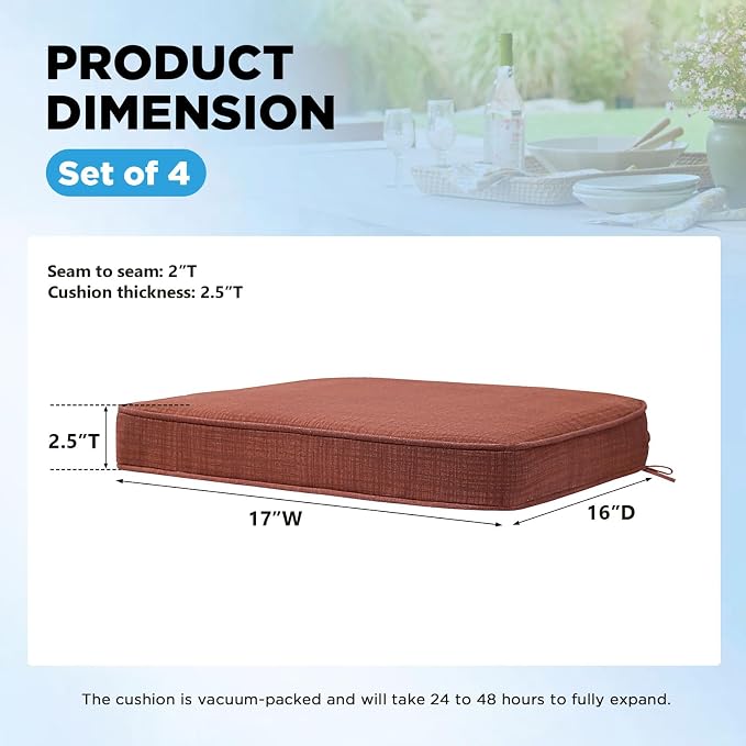 17 x 16 Inch Outdoor Chair Cushions with Tie Straps, Set of 4 Thick Water Repellent Round Patio Chair Pads for Garden Lawn Patio Furniture, Terra Cotta