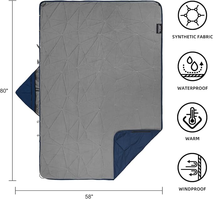 Large Waterproof Outdoor Blanket Thick Fleece 80" x 58" | Windproof Stadium Blanket, Wearable Poncho, Machine Washable for Camping, Car, Pet, Picnics - Deep Blue Hooded