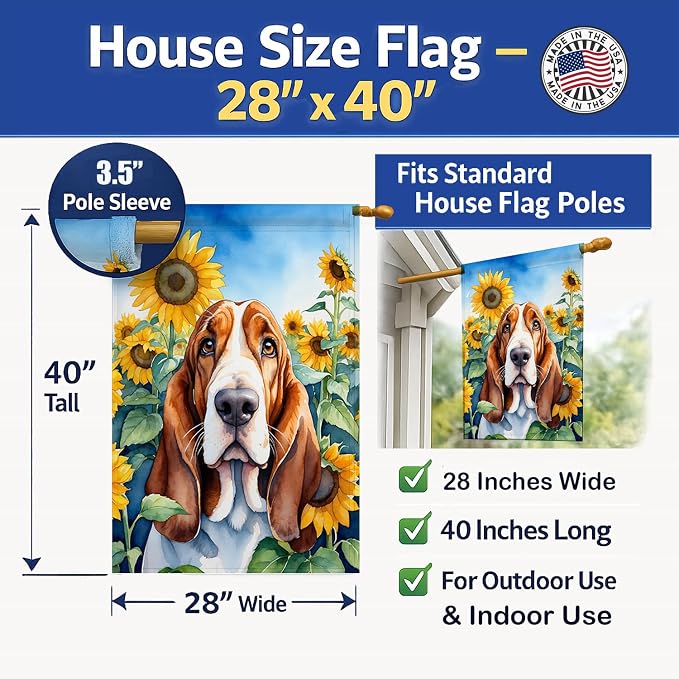 Caroline's Treasures DAC6018CHF Basset Hound in Sunflowers House Flag Large Porch Sleeve Pole Decorative Outside Yard Banner Artwork Wall Hanging, Polyester, House Size, Multicolor