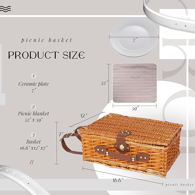 Picnic Basket Set for 4 with Waterproof Blanket Mat Insulation Bag Wicker Floral Brown Classic Fresh for Christmas Thanksgiving Wedding Birthday Camp Outdoor Beach Travel