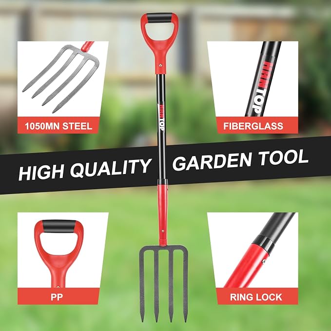 4-Tine Forged Garden Fork Digging Forks with Fiberglass Handle 43 in | Heavy Duty,For Gardening, For Hay, For Digging Potatoes,Pitchfork