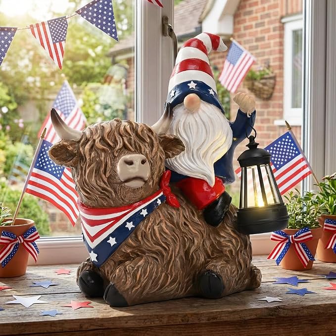 TERESA'S COLLECTIONS 4th of July Highland Cow Gnome Decorations with Solar Lantern, Memorial Day Resin Garden Yak Figurine for Home, Patriotic Independence Day USA 250th Anniversary Outdoor Decor 10"