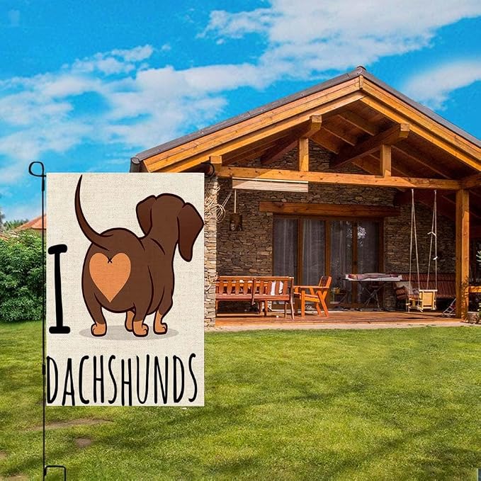 EMMTEEY Dachshund Art Garden Flag Double Sided Burlap Decoration 12.5x18 for Yard Outdoor Decor Garden Flag cute Dachshund Dog Cartoon Isolated on White Love Chocolate and Tan Wiener Sausage Rear