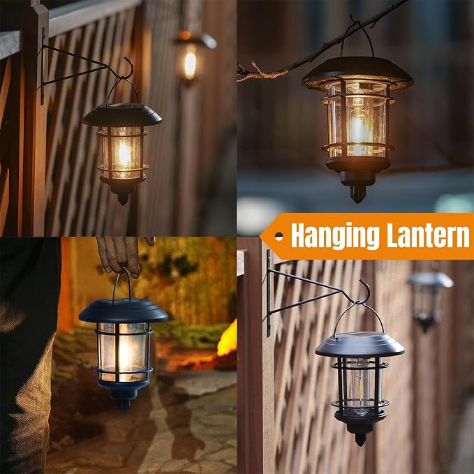 Dynaming 2 Pack Solar Lanterns Outdoor, Hanging Lantern Solar Garden Lights with Edison Bulb, Wall Mounted LED Light Auto On/Off, Waterproof for Garage Stair Patio Front Porch Yard, Warm White