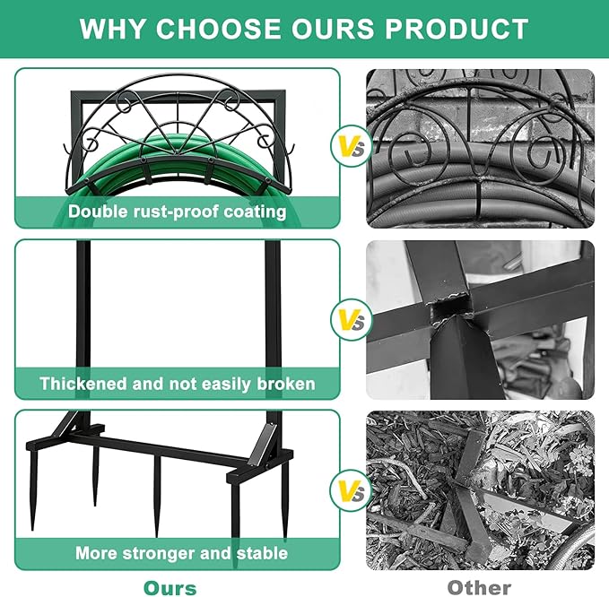 Garden Hose Holder, Detachable Metal Hose Holder for Outside, Rustproof Heavy-Duty Freestanding Water Hose Hanger Rack Holds Up to 150Ft Hose for Yard, Lawn