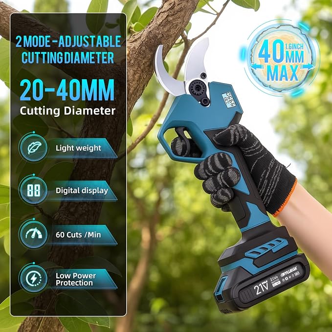 RYOJEGK 1.6" Brushless Electric Pruning Shears with 2x2.0Ah Battery | cordelss,Power Pruner Cuts,Branches up to 1.6",Brushless Motor,Safety Lock, SK5 Steel Blade for Garden Tree Pruner Branch