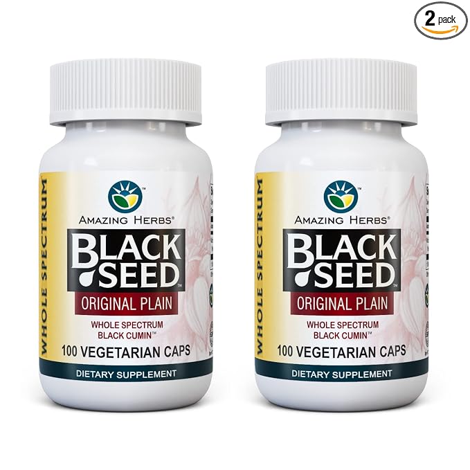 Amazing Herbs Whole Spectrum Black Seed Original Plain, Vegetarian Capsules - Gluten Free, Non GMO, Cold Pressed Nigella Sativa Aids in Digestive Health - 100 Count, 475mg (2-Pack)
