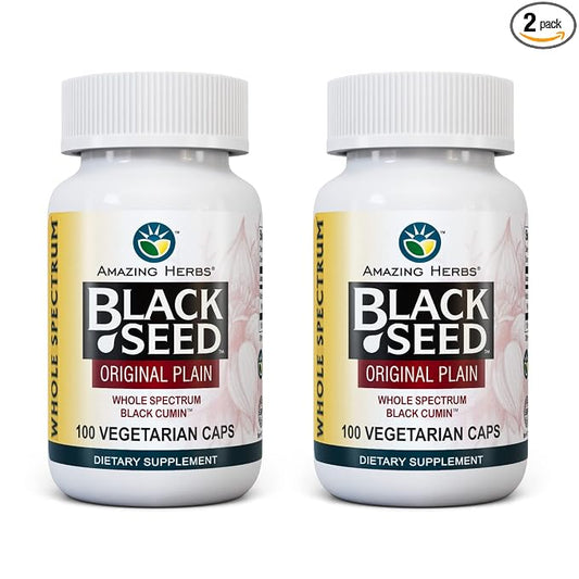 Amazing Herbs Whole Spectrum Black Seed Original Plain, Vegetarian Capsules - Gluten Free, Non GMO, Cold Pressed Nigella Sativa Aids in Digestive Health - 100 Count, 475mg (2-Pack)
