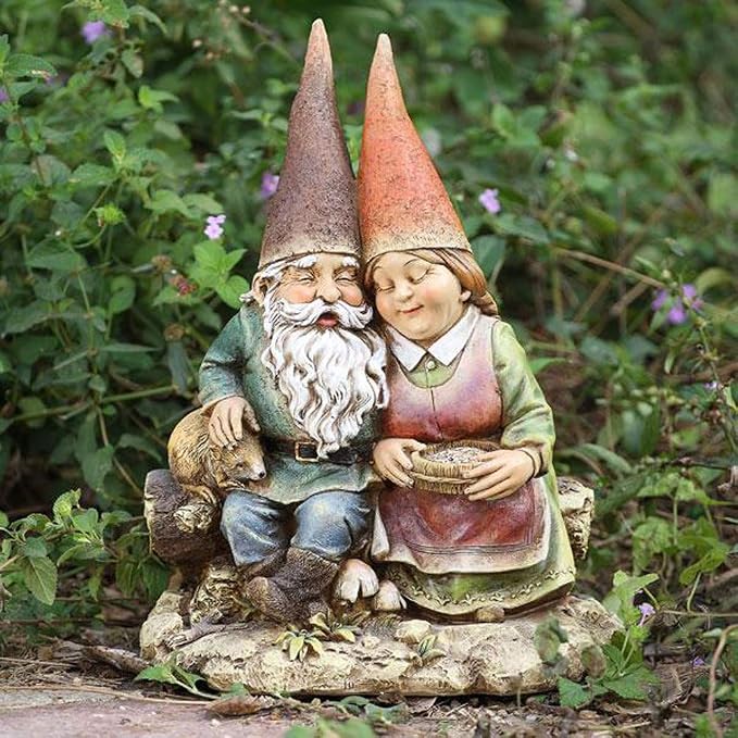 Napco Imports Cuddly Gnome Couple Distressed Green 12 x 9 Resin Stone Collectible Figurine