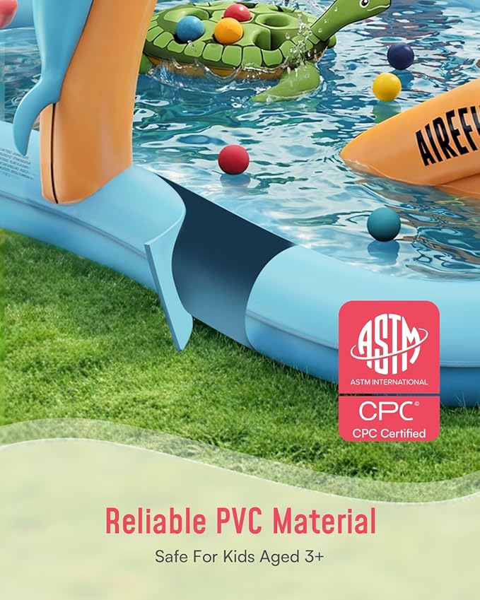 Airefina Inflatable Kiddie Pool, Detachable Octopus King Toddler Pool with Water Slide Splash Pad, Inflatable Play Center with Turtle Toss Target for Backyard, Garden, Water Park, Ages 3+