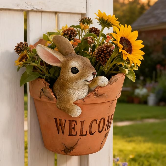 Hanging Planter with Cute Rabbit Design Decorative Wall Planter for Indoor Outdoor Terracotta Style Resin Unique Funny Plants Pot for Home Porch Garden Decor Artificial Flowers