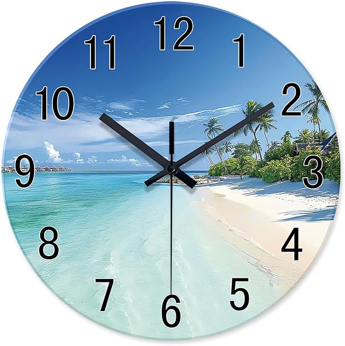 XFM Beach Coastal Wall Clock 16 Inch Blue Ocean Wall Clocks Battery Operated Tropical Seascape Glass Wall Clock for Living Room Bedroom Kitchen Decor