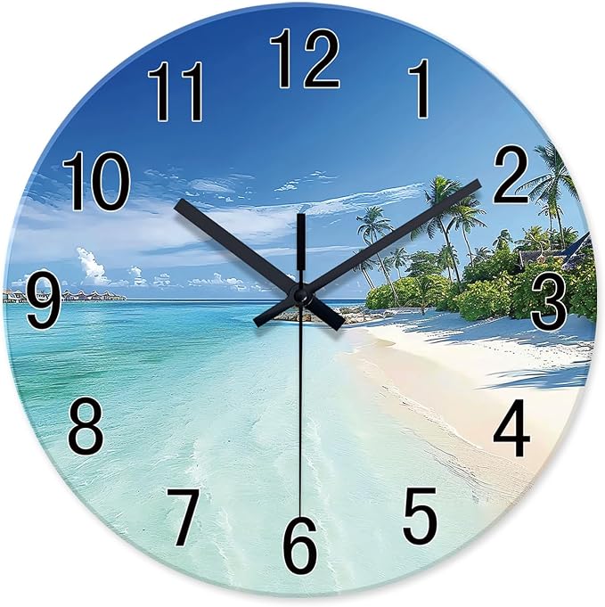 XFM Large Wall Clock Battery Operated Beach Coastal Wall Clocks 24 Inch Silent Non-Ticking Tropical Seascape Glass Wall Clock for Living Room Bedroom Kitchen Decor