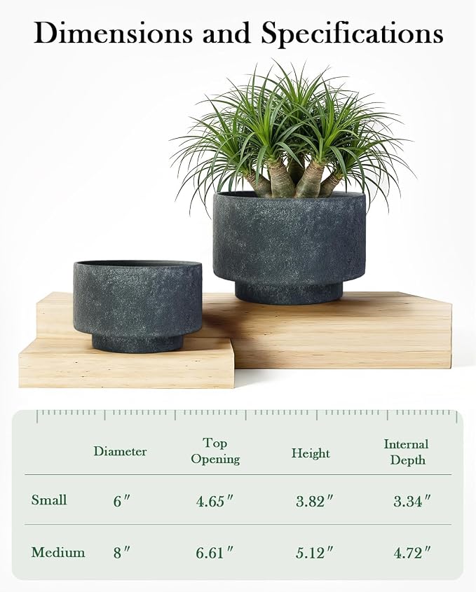 Succulent Pots, 8 Inch + 6 Inch Plant Pots for Plants with Drainage Hole, Indoor Outdoor Ceramic Planter, Set of 2 Round Flower Pots for Succulent and Plants, Black