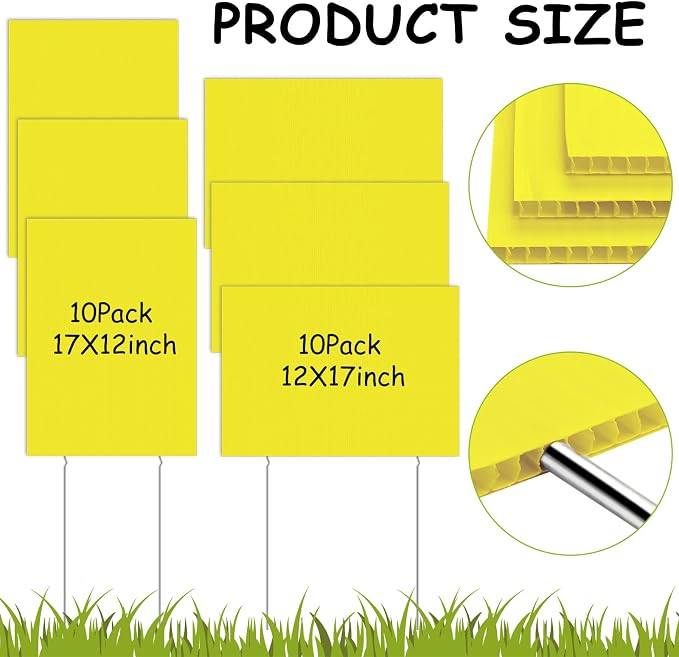 Wesiti 20 Pack Blank Yard Signs with Stakes Plastic Yard Lawn Sign Double Sided Corrugated Plastic Garage Sale Signs with Stakes for Rent Sign for Party Lawn Yard (Yellow, 17 x 12 Inch)