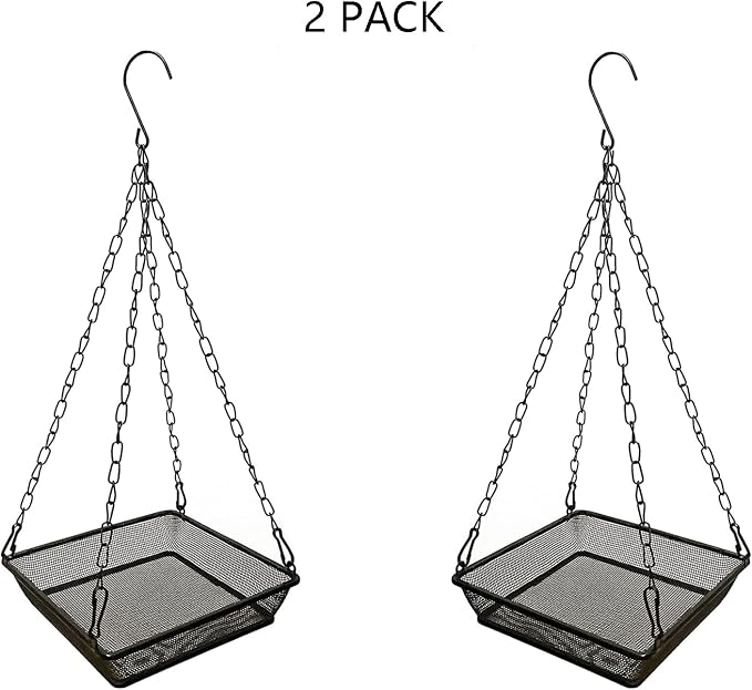 2 Pack Hanging Bird Feeder Tray Platform Metal Mesh Seed Tray for Bird Feeding Outdoor Garden Decoration for Backyard Attracting Wildbirds
