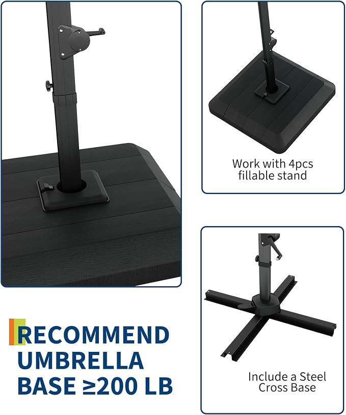 GarveeLife 10 ft x 10 ft Heavy Duty Cantilever Patio Umbrella with Solar LED Lights & Weighted Base, 2-Tier Square Aluminum Offset Umbrella with 360-Degree Rotation for Backyard, Deck, Pool, Blue