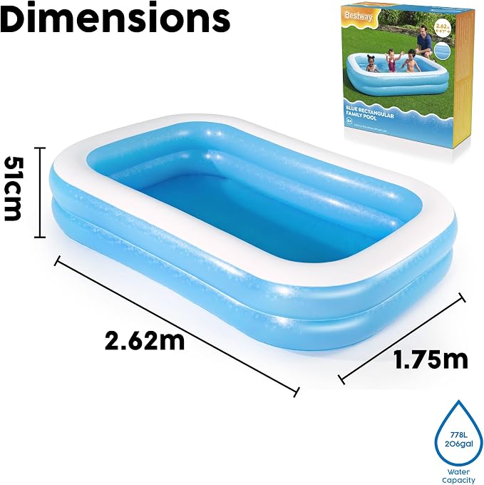 Bestway 54006 Family Rectangular Inflatable Pool, 262 x 175 x 51 cm, Blue/White