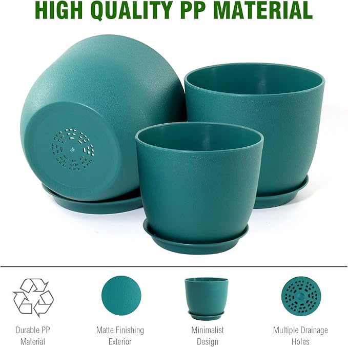 WSMKSZ 9/8/7.5 inch Flower Pots, 3 Pack Modern Plastic Planters with Drainage Holes and Trays for House Plants, Plant Pots for Indoor Outdoor Plants, Blue Green