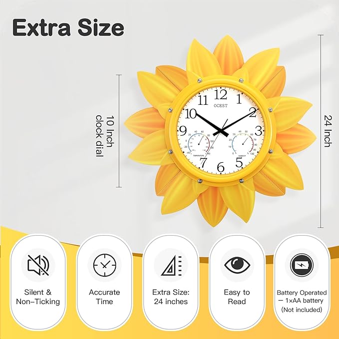OCEST 24 Inch Outdoor Wall Clock, Waterproof Sunflower Clock with Thermometer & Hygrometer, Silent Non-Ticking Metal Petal Design for Patio, Garden, Pool, Garage