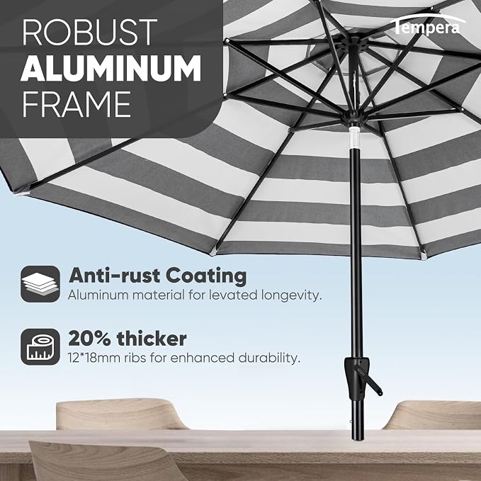 Tempera Patio Market Outdoor Table Umbrella with Auto Tilt and Crank, Large Sun Umbrella with Sturdy Pole & Fade Resistant Canopy, Easy to Set